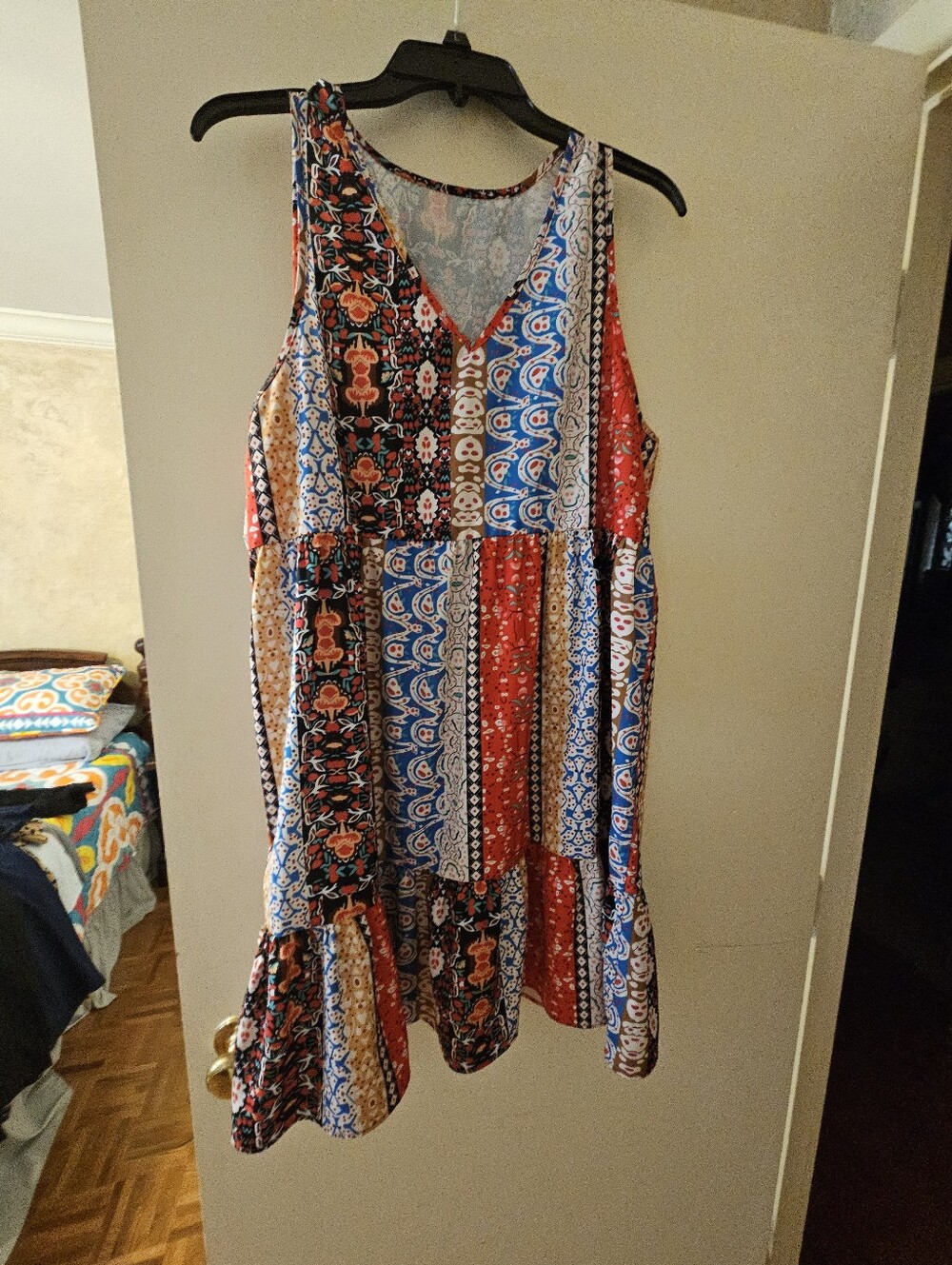 Sleeveless Patchwork Print V-Neck Sundress in Red, Blue & Black